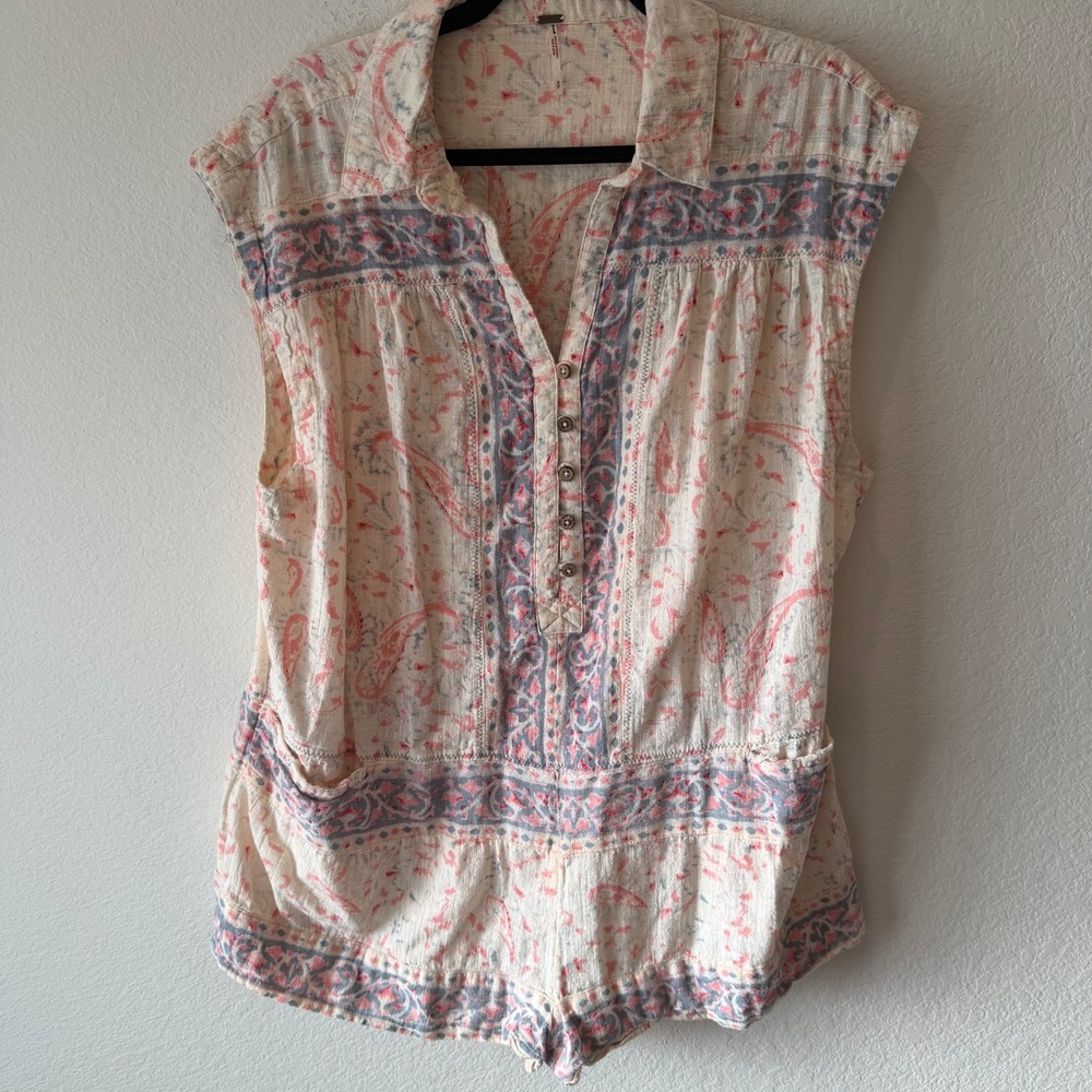 Free People Paisley Print Sleeveless Shorts Romper Cream Coral Blue Boho Small